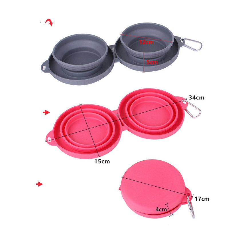Collapsible Silicone Double Pet Bowl with Carabiner Clip – Foldable, Portable, Food & Water | Cats & Dogs | Grey or Pink