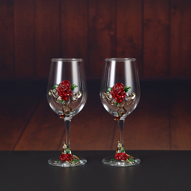 Enamel Rose Crystal Wine Glass | Hand-Painted Goblet & Decanter Gift Set