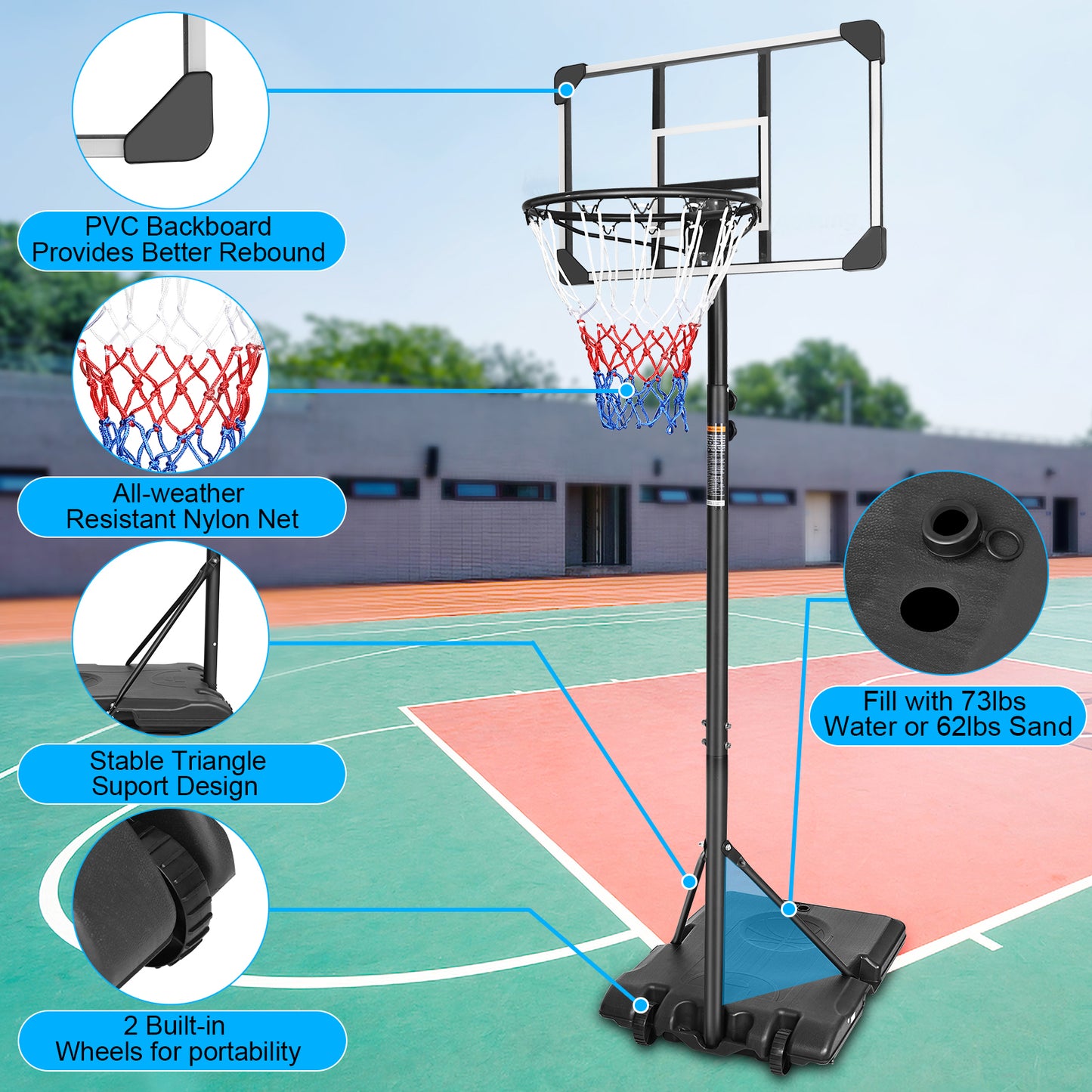 Portable Adjustable Basketball Hoop with 28-Inch Backboard and Wheels