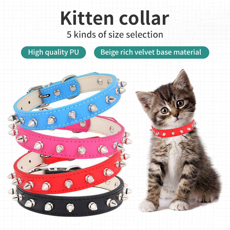 Spiked Leather Pet Collar with Silver Cone Studs – Adjustable, Soft-Lined | Dogs & Cats | XS–L | 4 Colors