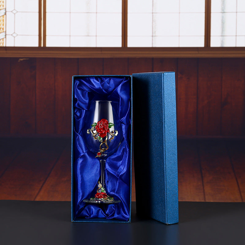 Enamel Rose Crystal Wine Glass | Hand-Painted Goblet & Decanter Gift Set