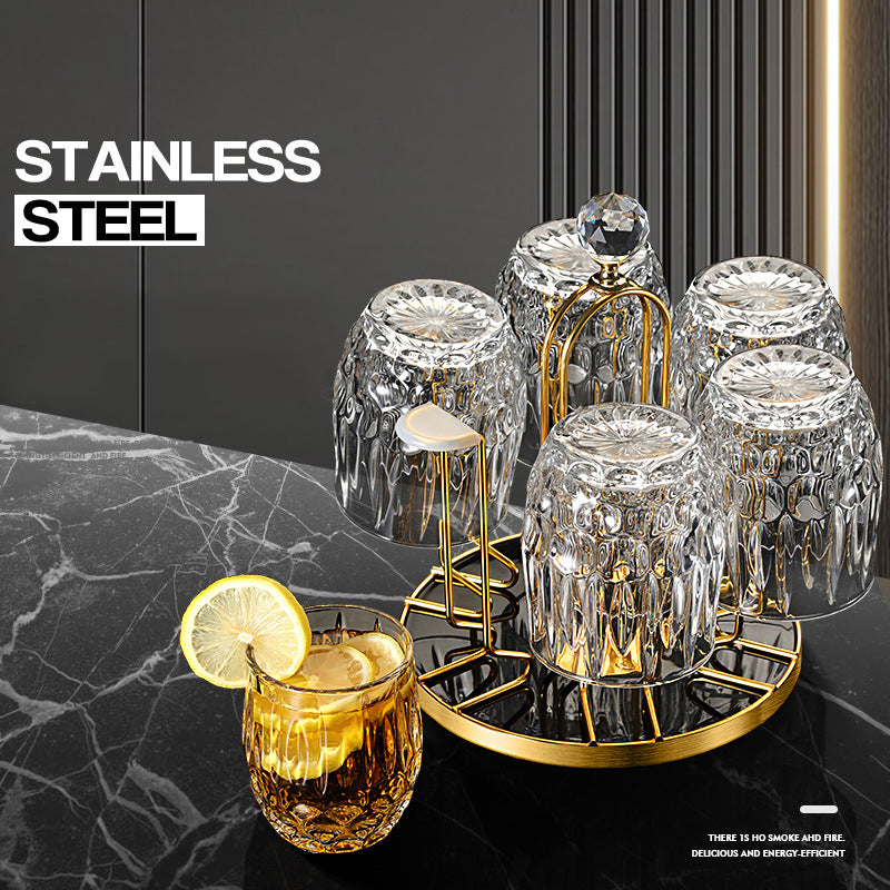 Rotating Upside-Down Glass Drying Rack – Gold Carbon Steel Countertop Cup Holder with Crystal Finial | 6-Glass Carousel Stand
