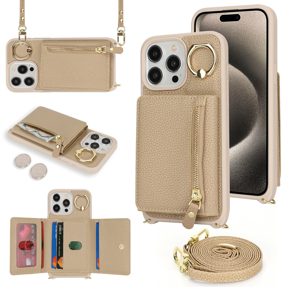 TPU + PU Zipper Crossbody Phone Case for iPhone 7–17