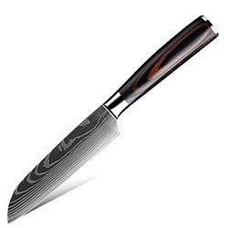 Damascus-Pattern Laser Etched Kitchen Knife | Colored Wood Handle | 10 Styles