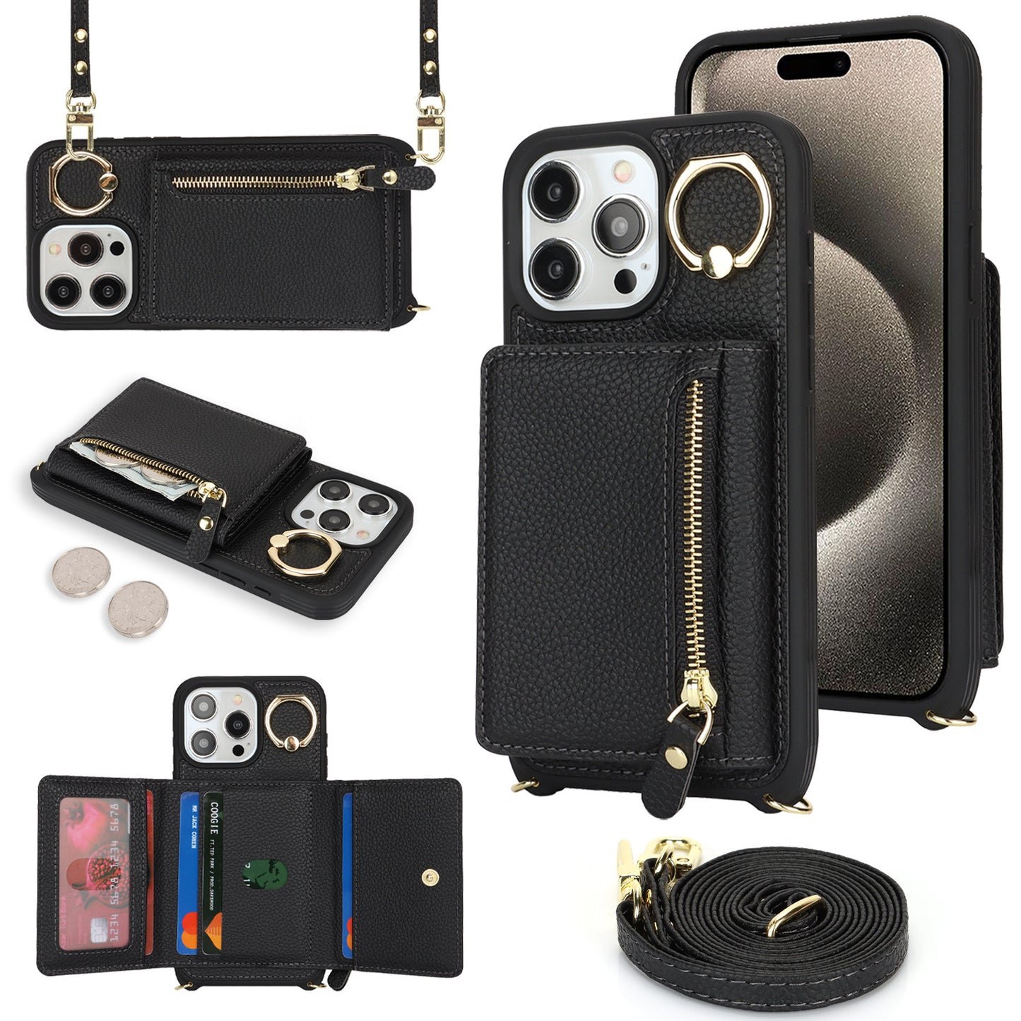 TPU + PU Zipper Crossbody Phone Case for iPhone 7–17