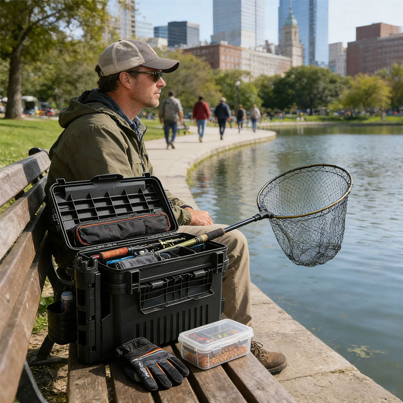 Large Fishing Tackle Box with 2 Rod Holders & Cup Holder