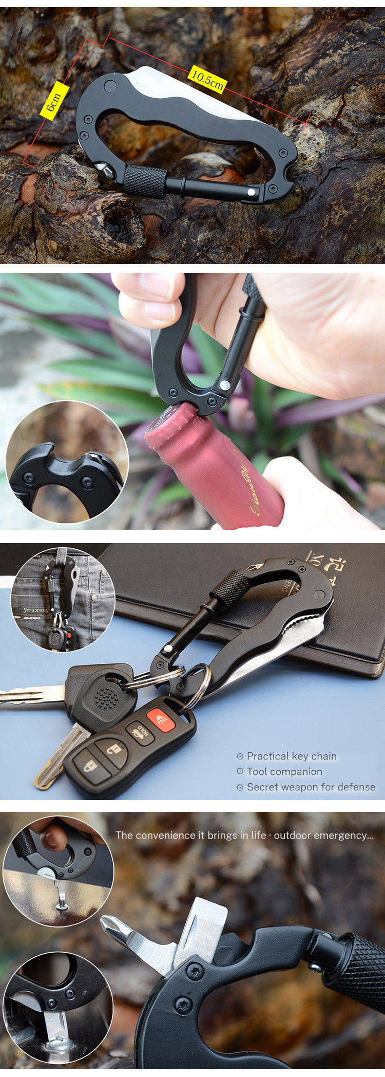 5-in-1 Outdoor Multi-Tool Carabiner with 7.5 cm Blade