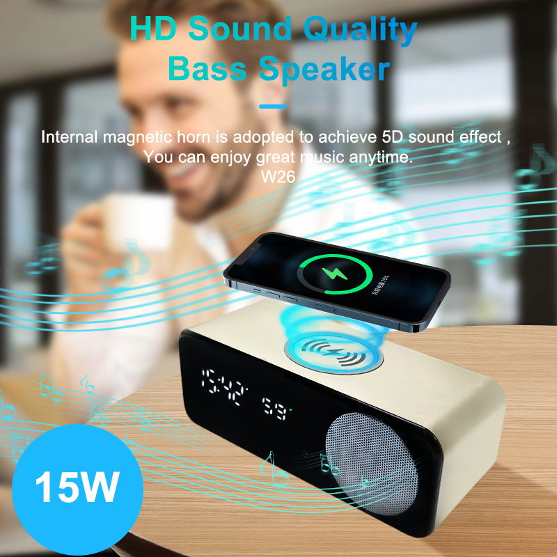 Bluetooth Speaker with Wireless Charging, Clock Display and Thermometer