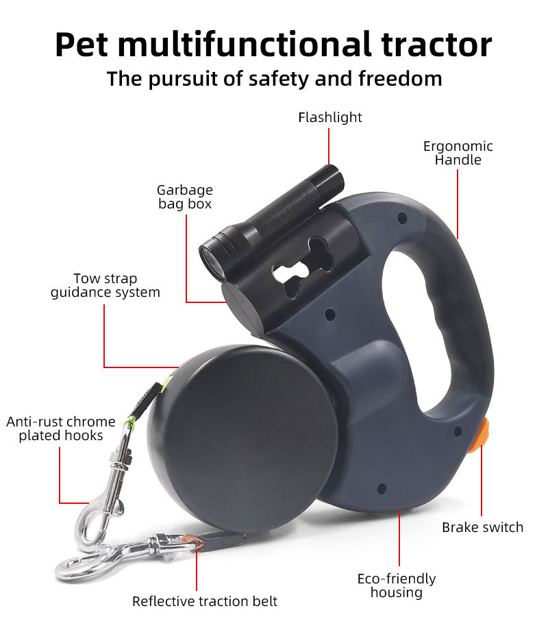 Retractable Dog Leash with LED Flashlight & Poop Bag Dispenser – Single or Dual Cord, 3M Nylon | Walk 1 or 2 Dogs | 10 Colors