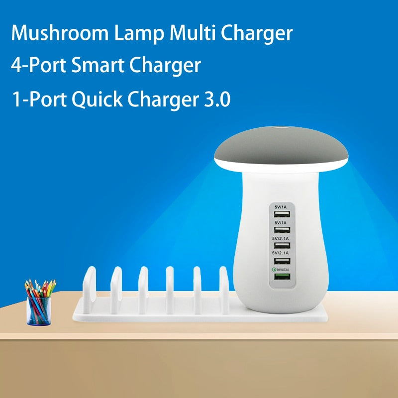 5-Port USB Charging Station with LED Night Lamp, QC 3.0
