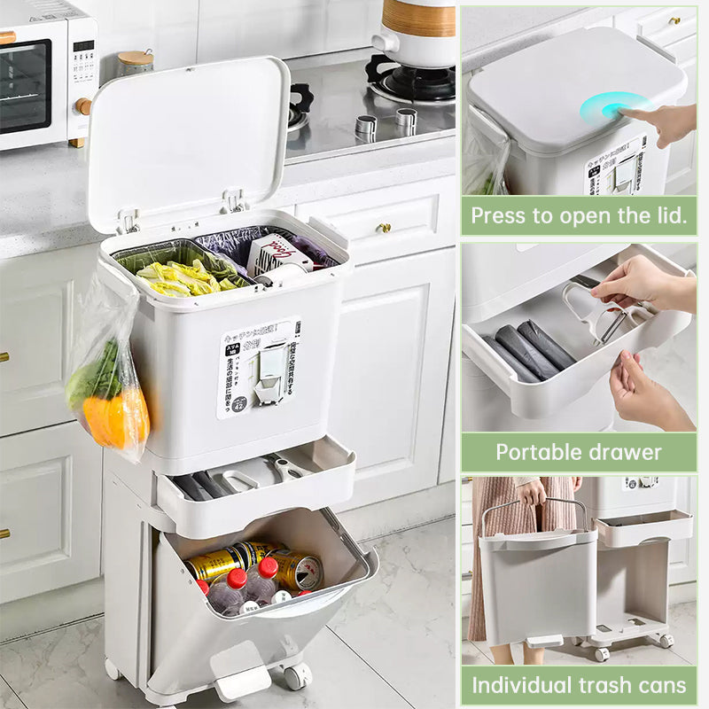 42L Three-Layer Kitchen Recycling Bin with Pedal, Wheels & Dry/Wet Separation