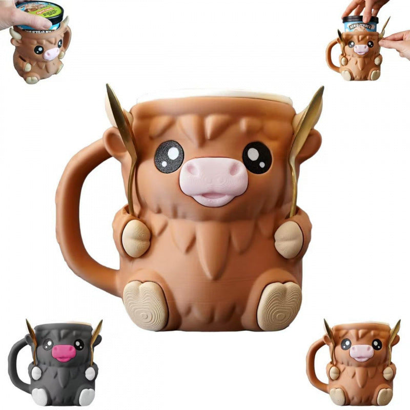 Highland Cow & Penguin Ice Cream Pint Holder Mug | Cute Ceramic Animal Cup