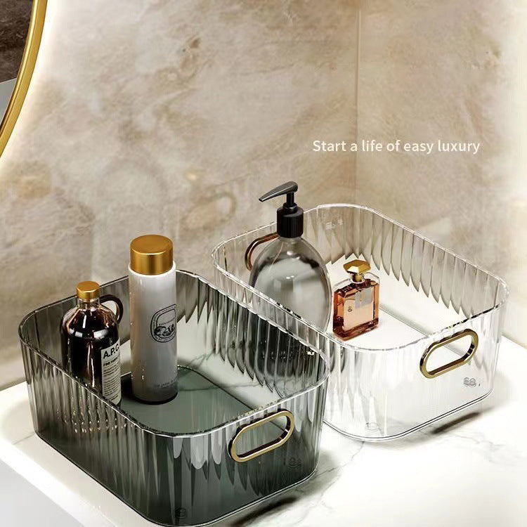 Ribbed Desktop Storage Organizer Bin with Gold Handles – Clear & Dark Green | Vanity, Desk & Kitchen | Small & Large