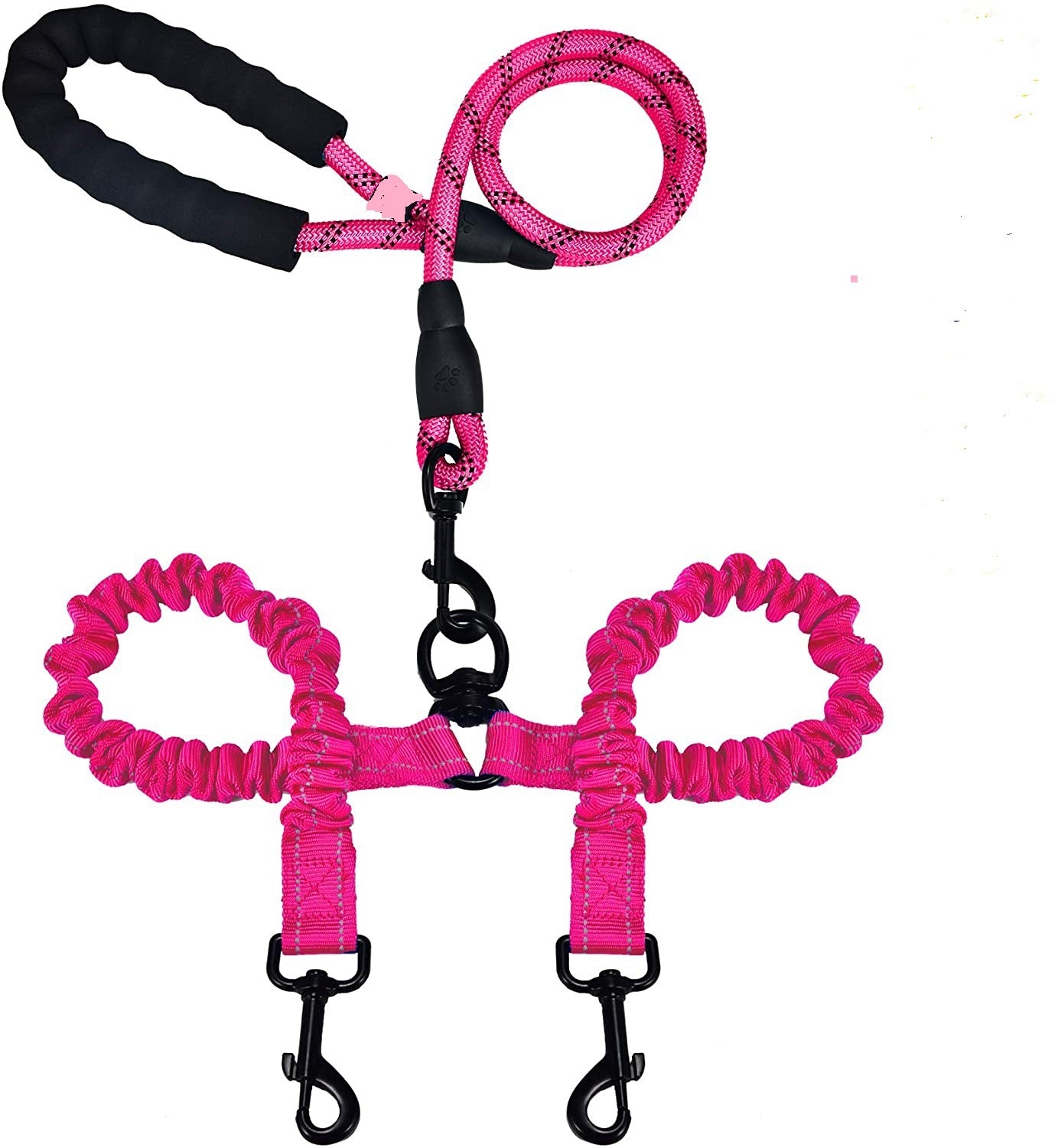 Double Dog Leash – Tangle-Free, Bungee Shock Absorber, Foam Handle & Reflective Rope | Walk 2 Dogs | 5 Colors