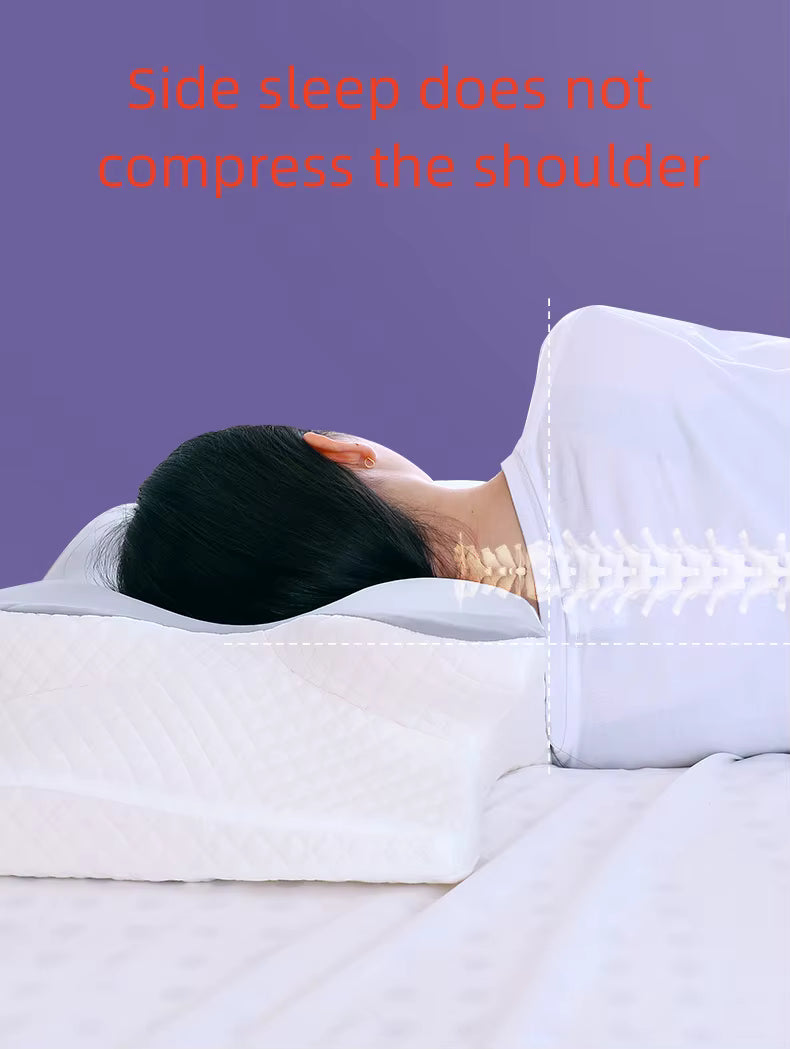 A person lying on a white contoured pillow on a bed, shown from the side with red text reading 'Side sleep does not compress the shoulder' and a white spine overlay graphic.