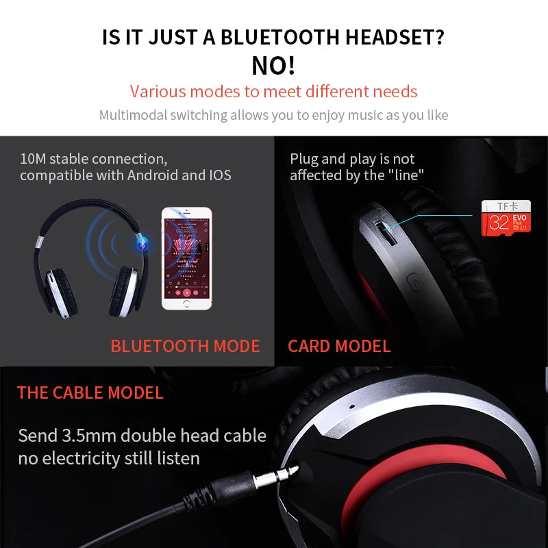 MH7 Foldable Wireless Bluetooth Headphones with Mic – TF Card, FM Radio & AUX Support