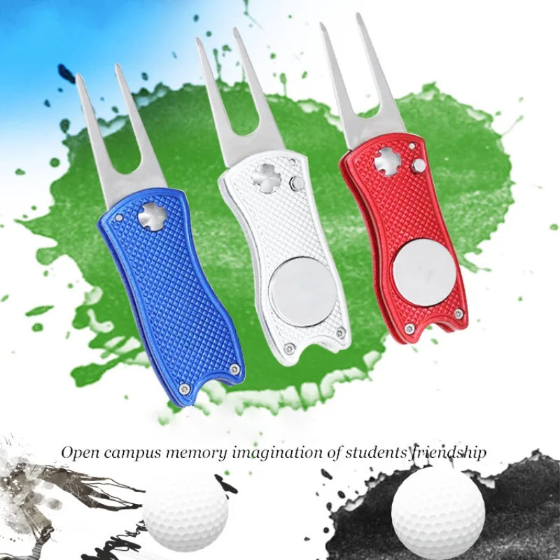 Foldable Golf Divot Tool with Magnetic Ball Marker – Stainless Steel Pitch Fork