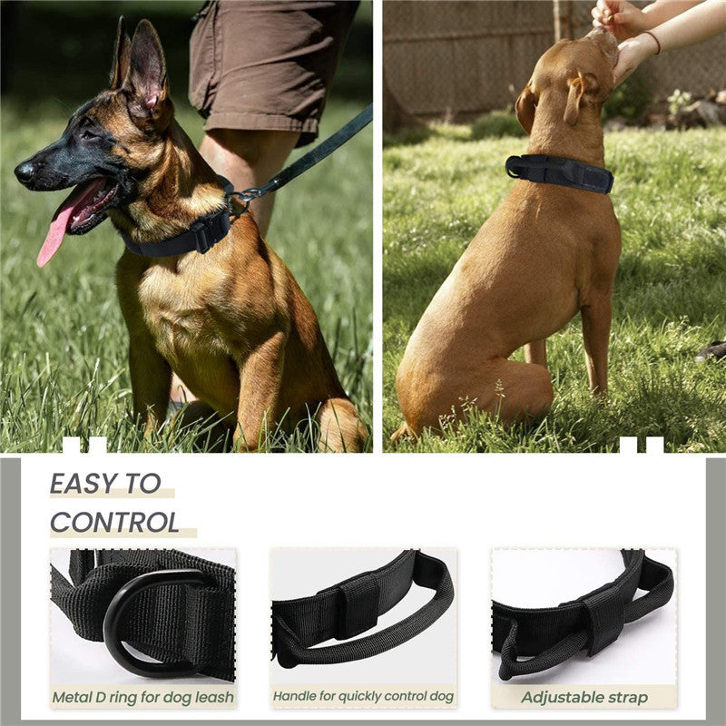 Tactical Dog Collar – Wide 3.8cm Padded Nylon Collar with Handle & Quick-Release Buckle | M, L, XL | Collar Only or 2-Piece Set with Leash