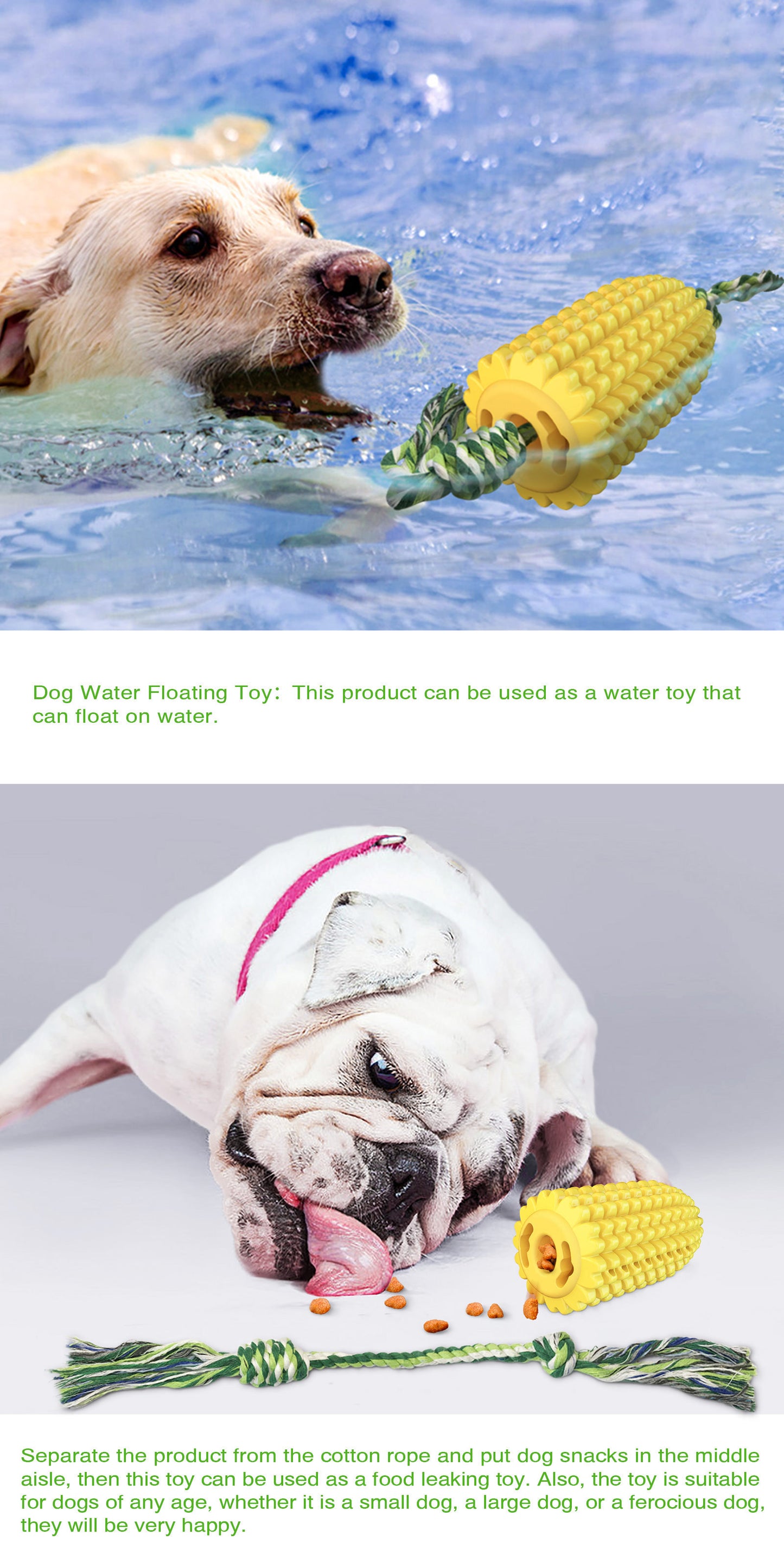 Corn Cob TPR Squeaky Chew & Dental Dog Toy – Kernel-Textured Molar Stick, Cotton Rope Tail, Built-In Squeaker | Dogs & Cats | Yellow