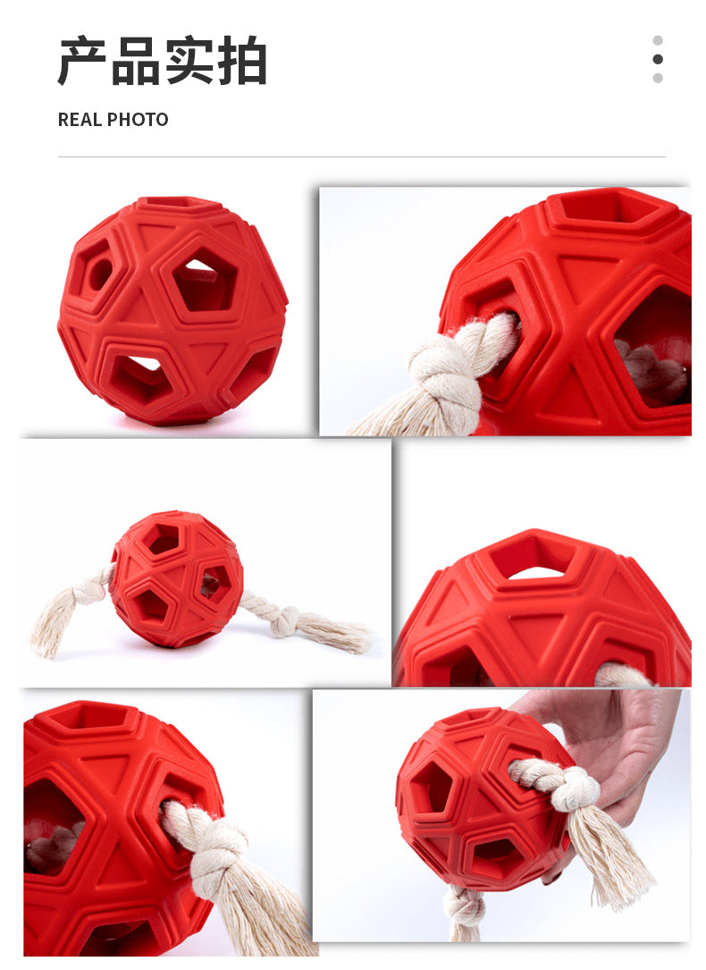 Hollow Rubber Chew Ball with Cotton Rope Tug – Hexagonal Lattice Molar & Tug-of-War Dog Toy | 107mm | Red