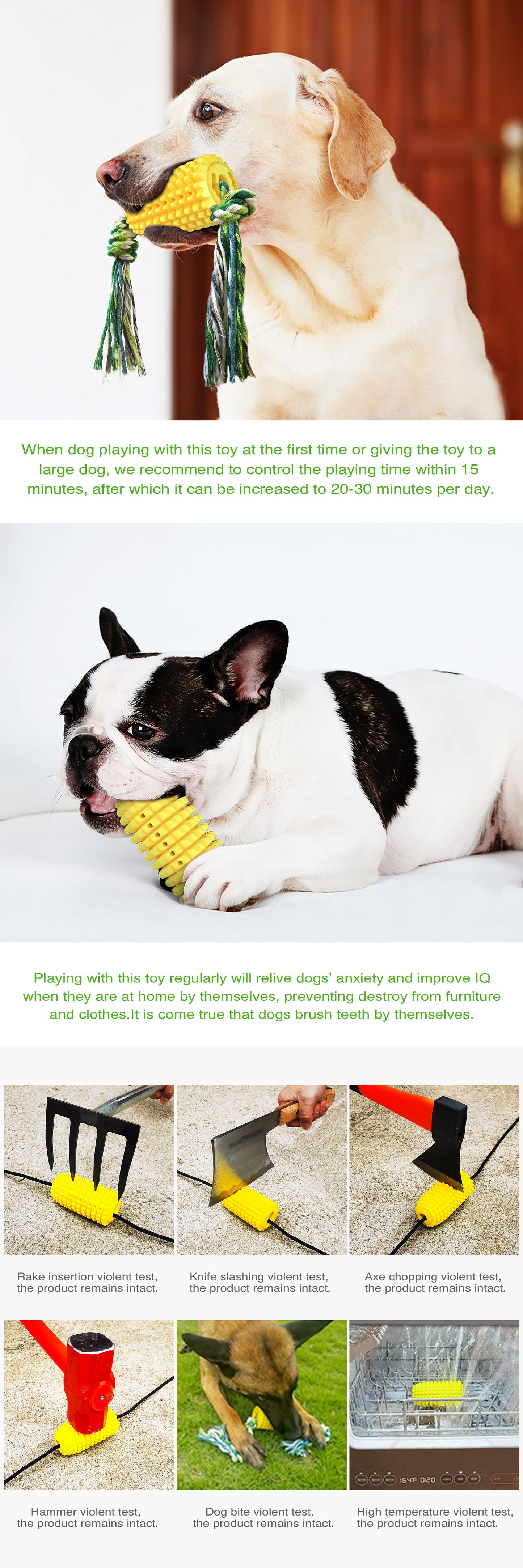 Corn Cob TPR Squeaky Chew & Dental Dog Toy – Kernel-Textured Molar Stick, Cotton Rope Tail, Built-In Squeaker | Dogs & Cats | Yellow